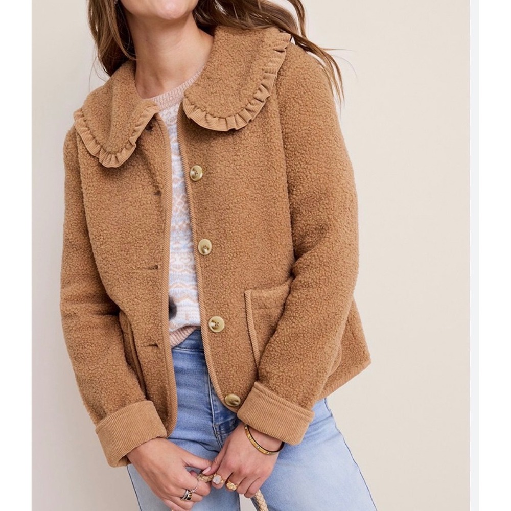 Stoosh Brown Sherpa Fleece Ruffle CollarJacket M NWT boho whimsi cottage dainty